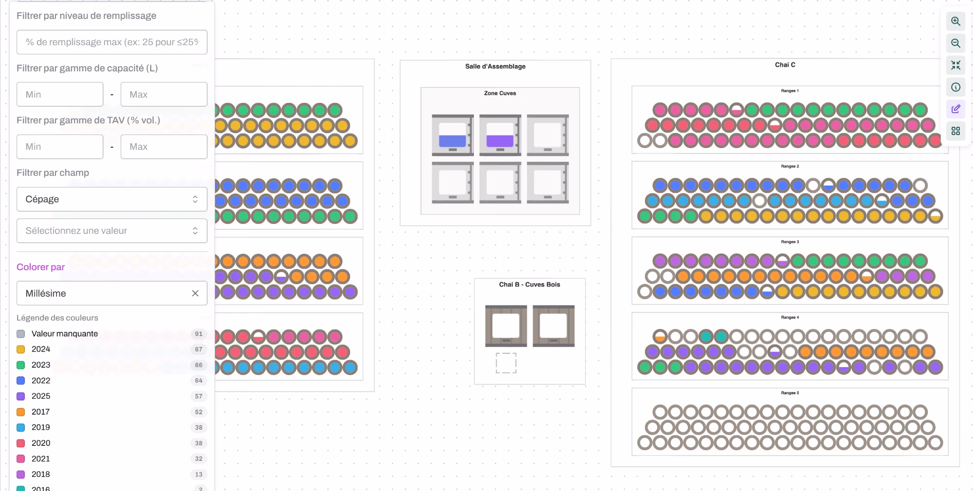 Vue de site de Labox Réserve affichant les cuves et le plan du chai.